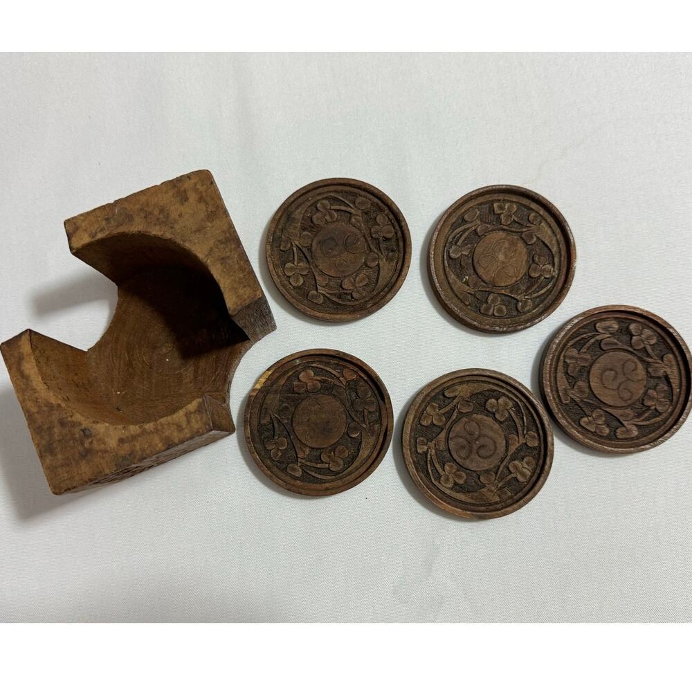 Vintage Hand Carved Wood Coasters With Flower Inlays and Holder Set